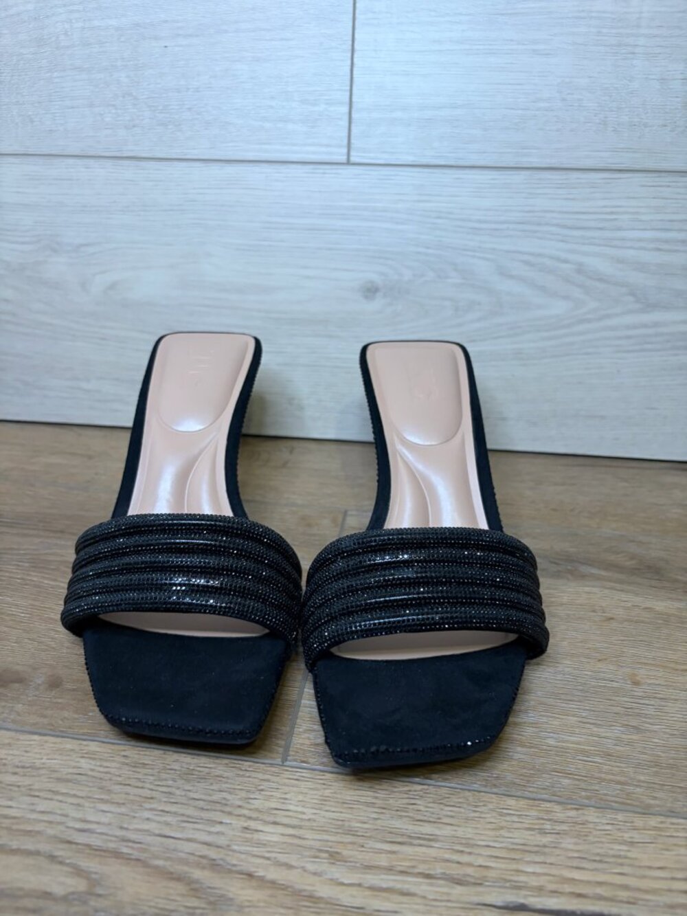 Guess Gemmah Black Rhinestone Block Heel Slide Sandals Size 9M